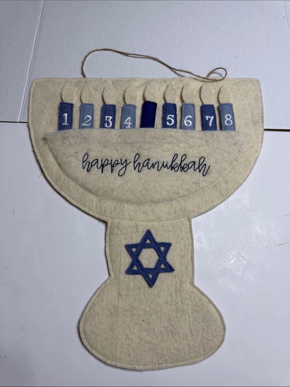 Festive Felt Menorah Wall Hanging - Cream with Blue Accents